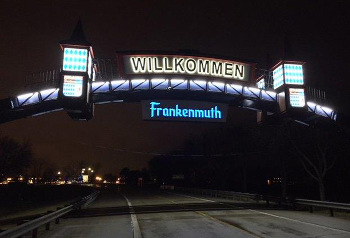 frankenmuth arch sign at night